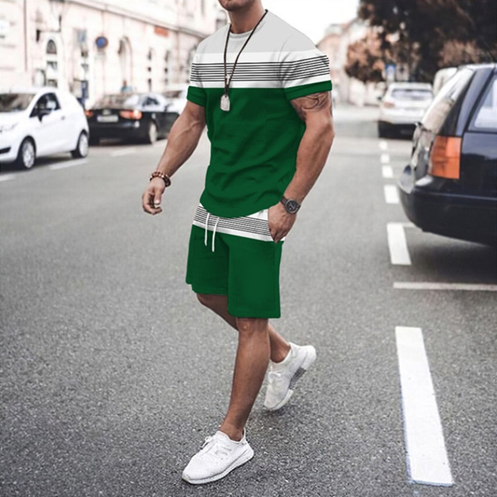 Men Printed Casual Sports Short Sleeve Suit