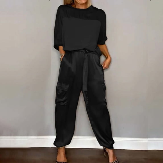 Pxiakgy suits for women Womens 2 Piece Outfits Dressy Pant Suits for A Wedding Casual Irregular Satin Wide Leg Pant Sets Black + 3XL