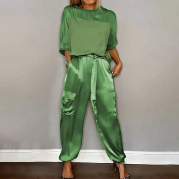 Pxiakgy suits for women Womens 2 Piece Outfits Dressy Pant Suits for A Wedding Casual Irregular Satin Wide Leg Pant Sets Green + 3XL