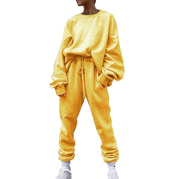 Pxiakgy suits for women womens suits 2 piece set Ladies' Solid Color Sweater Casual Suit Sportswear Long Sleeved Trousers Two Piece Set Yellow+XXL