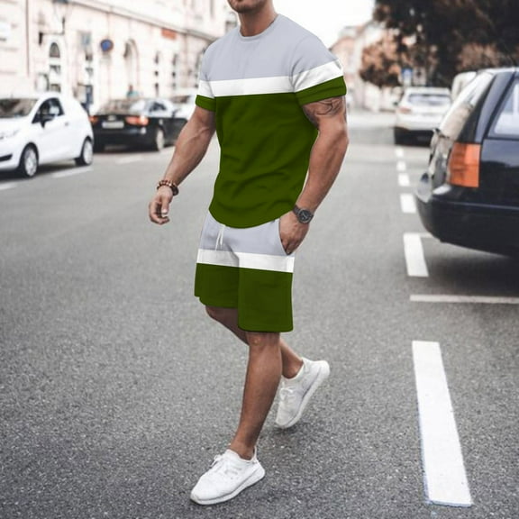 Pxiakgy suits for men Mens Spring Summer Leisure Sports Breathable Absorbing Stitching Printed Short Sleeve Shorts Two Piece Set Men Suits Army Green   XL