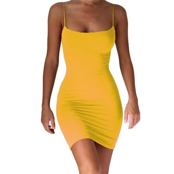 Pxiakgy summer dresses for women Solid Summer Slim Fit Strap Short Dress Off Shoulder Stretch Dress womens dresses casual dresses for women Yellow + S