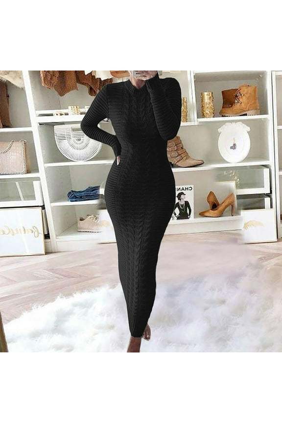 Pxiakgy sweater dress for women Autumn And Winter Sweater Fashion Long Sleeved Woolen Dress womens sweaters womens dresses Black + M