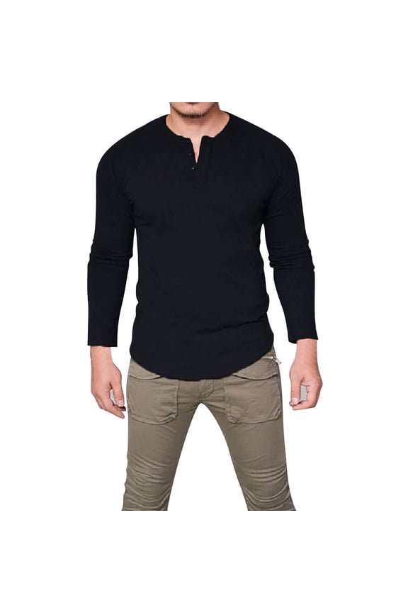 t shirts for men Men's Round Neck Cotton Solid Button Long Sleeved T Shirt Casual Bottom Shirt mens t shirts mens tops Black + M