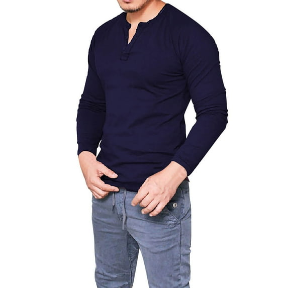 Pxiakgy t shirts for men Men's Round Neck Cotton Solid Button Long Sleeved T Shirt Casual Bottom Shirt mens t shirts mens tops Navy + M