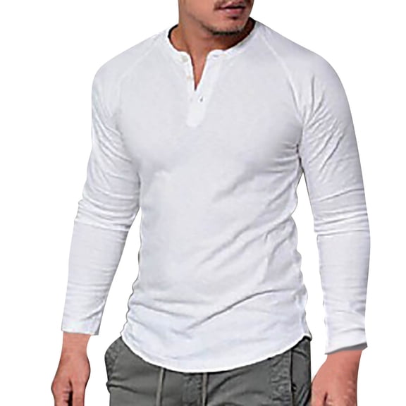 Pxiakgy t shirts for men Men's Round Neck Cotton Solid Button Long Sleeved T Shirt Casual Bottom Shirt mens t shirts mens tops White + 3XL