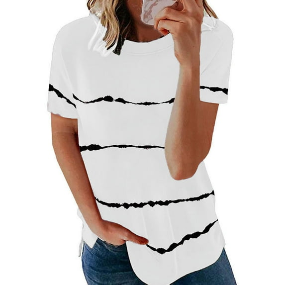 Pxiakgy t shirts for women Fashion Women's Loose Short Sleeve T-shirt Round Neck stripe print Tops Womens t shirts White + M