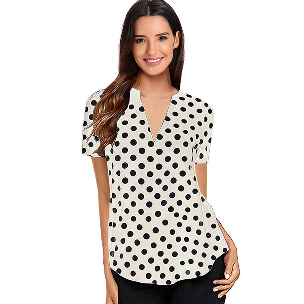 Pxiakgy t shirts for women Women Summer Polka Dot Short Sleeve V Neck ...