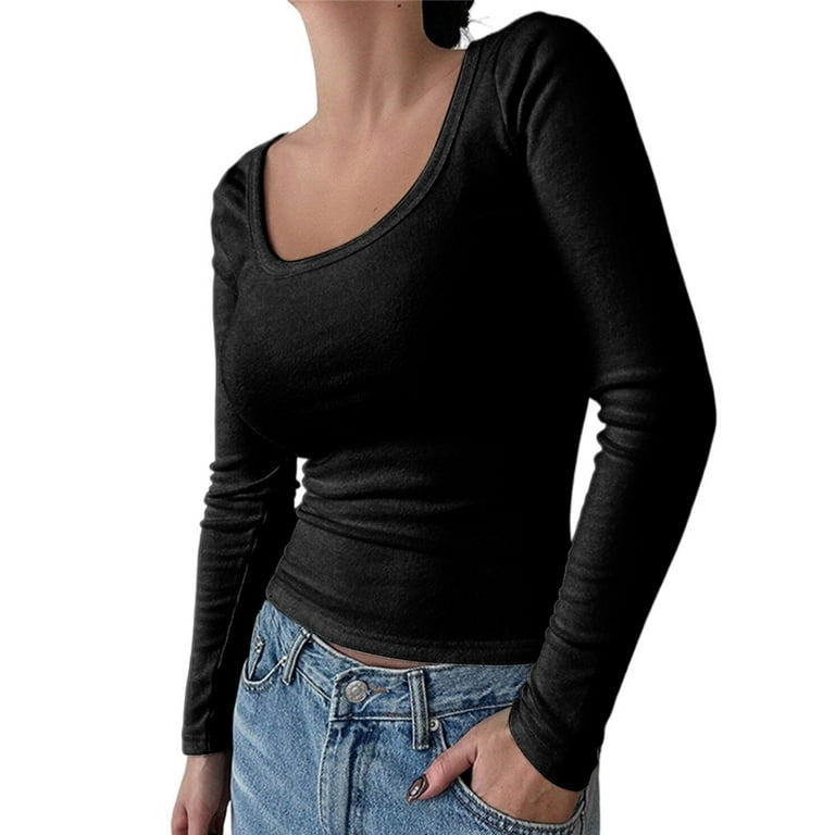 Pxiakgy t shirts for women Women's Solid Color U Neck Long Pxiakgy t shirts for women Women's Solid Color U Neck Long