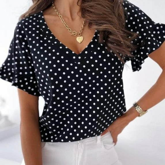 Pxiakgy t shirts for women Women's Summer Polka Dot Daily Shirt V-neck Petal Sleeves Casual Tops Blouse Womens t shirts Black + L