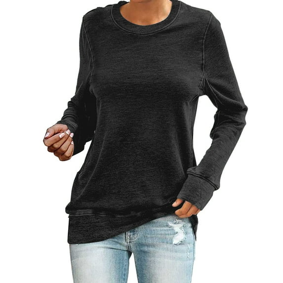 Pxiakgy t shirts for women womens t shirts Womens Casual Crewneck Sweatshirt Short Long Sleeve Shirt Soft Loose Tops Black + L