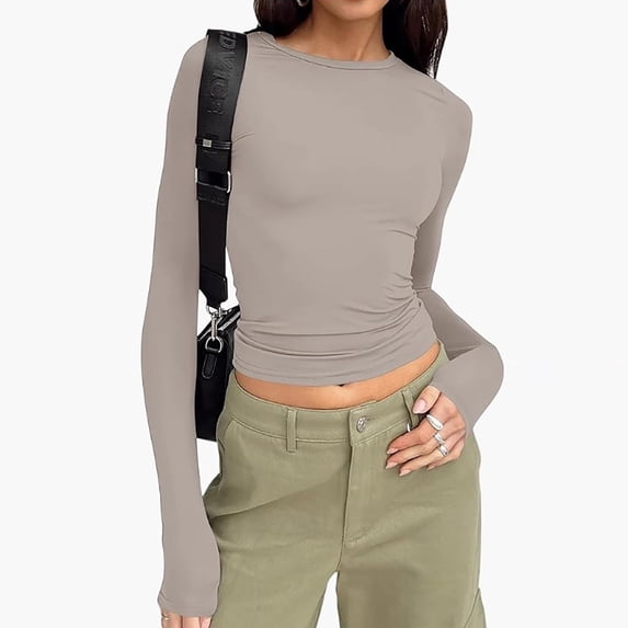 Pxiakgy t shirts for women womens t shirts Women’S Long Sleeve Round Neck Crop Top Tee Shirt Basic Solid Tight Slim Fit Cropped Shirt Workout Yoga women's t-shirts