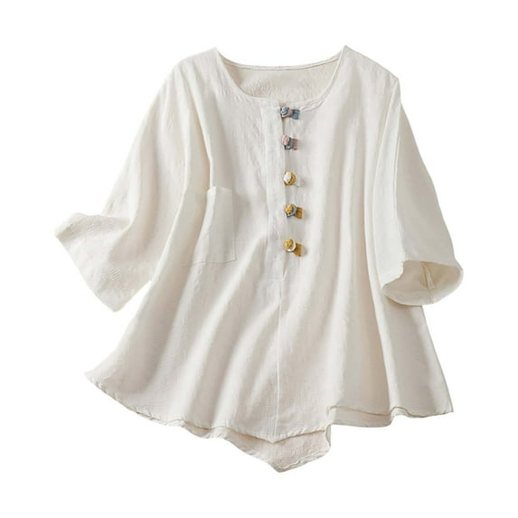 Pxiakgy t shirts for women womens t shirts Women's Cotton Linen Button Short Sleeve Shirts Summer Loose Crew Neck Casual Boho Top Vintage Embroidered Blouse Tops women's t-shirts White + XL