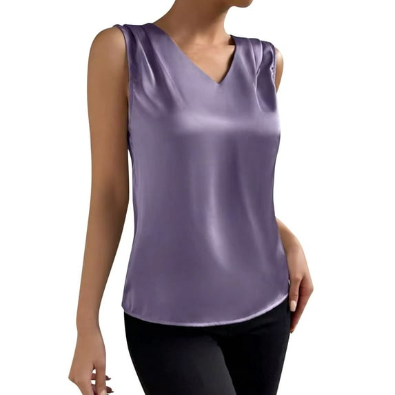 Pxiakgy tank top for women womens tank tops Women's Summer Solid Color Ding Satin V Neck Sleeveless Bottom Tank Top Purple + M