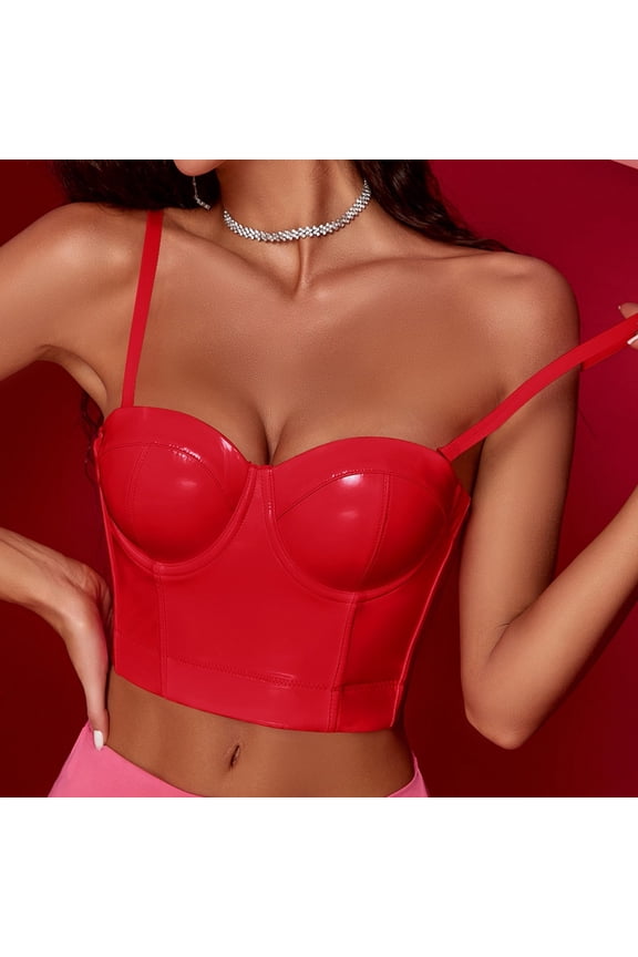 tank tops women Womens Corset Top Bustier Corset Top Tight Fitting Corset Tank Top Suspender PU Leather Top Solid Short Fashion Red+S