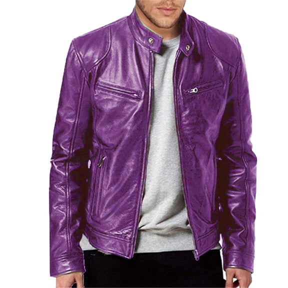 Pxiakgy winter coats for men Men's Autumn And Winter Stand Collar Leather Jacket Zip Faux Leather Jacket Long Sleeve Jacket Purple + L