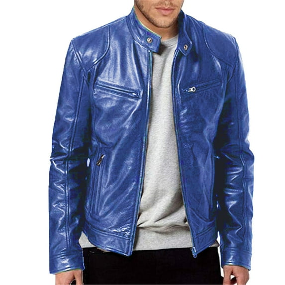Pxiakgy winter coats for men Men's Autumn And Winter Stand Collar Leather Jacket Zip Leather Jacket Long Sleeve Jacket Blue + L