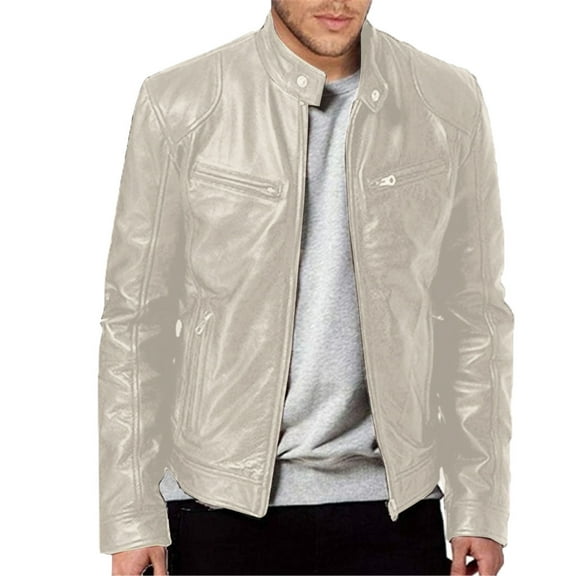 Pxiakgy winter coats for men Men's Autumn And Winter Stand Collar Leather Jacket Zip Leather Jacket Long Sleeve Jacket Silver L