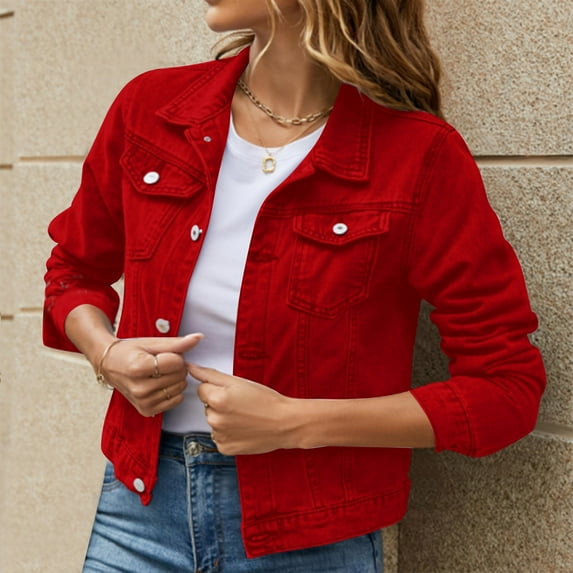 Pxiakgy winter coats for women Women's Basic Solid Color Button Down Denim Cotton Jacket With Pockets Denim Jacket Coat womens winter coats Red + L