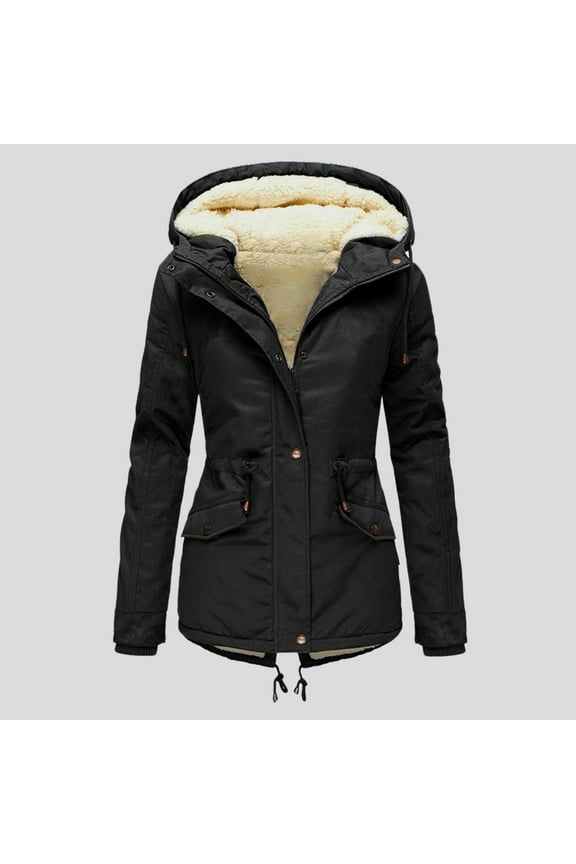 winter coats for women Women Fashion Drawstring Hoodie Coat -Fur' Winter Warm Inside Padded Jacket Winter Coat Slim Zipper Hooded Jacket coat for women Black + XXL