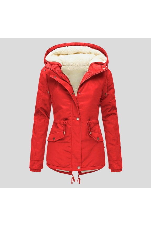 winter coats for women Women Fashion Drawstring Hoodie Coat -Fur' Winter Warm Inside Padded Jacket Winter Coat Slim Zipper Hooded Jacket coat for women Red + M