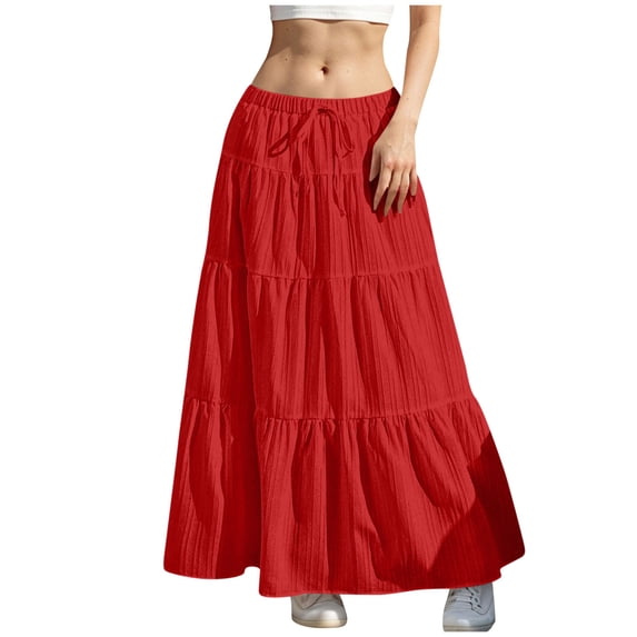 Pxkloy 2026 Boho Maxi Skirt for Women A Line Drawstring Flared Outfit Elastic Waist Spring Ruffle Skirt Red,XL