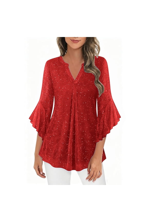 3/4 Sleeve Sequin Tops for Women V Neck Ruffle Mesh Blouses Party Evening Ruffle Elegant Casual Shirts Fall 2025 Red,S