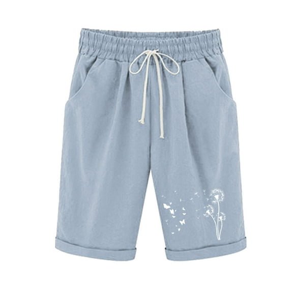 Pxkloy Bermuda Linen Shorts for Women Casual Trendy Summer 2025 Shorts Elastic Waist Drawstring Shorts Dandelion Print Pockets Shorts Light Blue,M