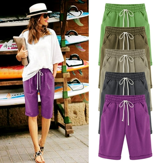 Pxkloy Bermuda Shorts for Women High Waisted Linen Casual Summer Shorts Loose Solid Color Elastic Waist Knee Length Lounge Shorts with Pockets Purple,M