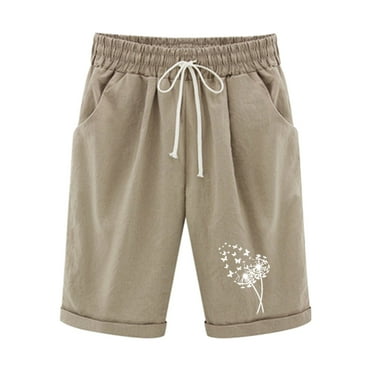 Pxkloy Bermuda Shorts Womens Elastic Waist Drawstring Loose Shorts Knee Length Linen Casual Shorts Dandelion Print Summer 2025 Shorts Khaki,XXL
