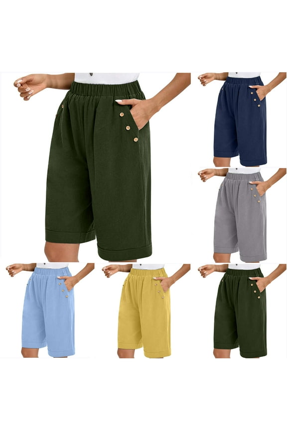 Bermuda Shorts for Women 2025 Summer Casual Loose Comfy Beach Short Elastic Waist Knee Length Shorts with Pockets Army Green,XXL