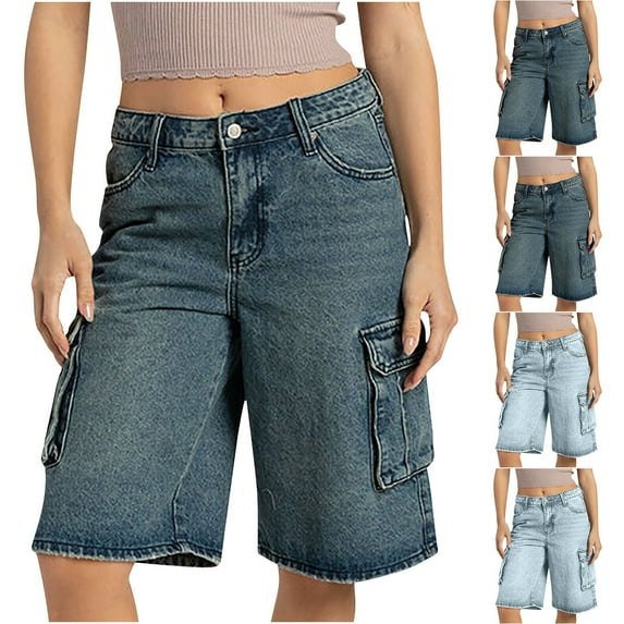 Pxkloy Bermuda Shorts for Women Knee Length Cargo Denim Shorts with Pockets High Waisted Long Short Jeans for Summer Casual Sky Blue,S