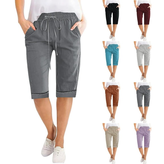 Pxkloy Bermuda Shorts for Women Knee Length Casual Short Summer High Waisted Drawstring Cotton Linen Long Shorts with Pocket Blue,XL