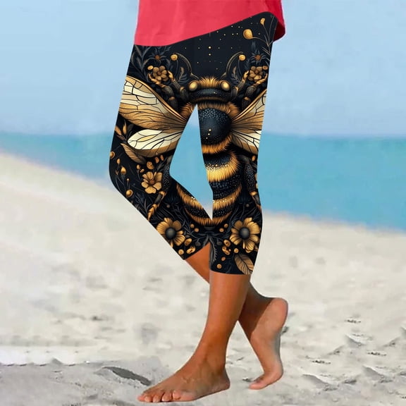 Pxkloy Capri Leggings for Women 2025 Summer Plus Size Capris Knee Length Casual Workout Yoga Trouser Cute Bee Printed Spring Cropped Pants Multicolor,XXL