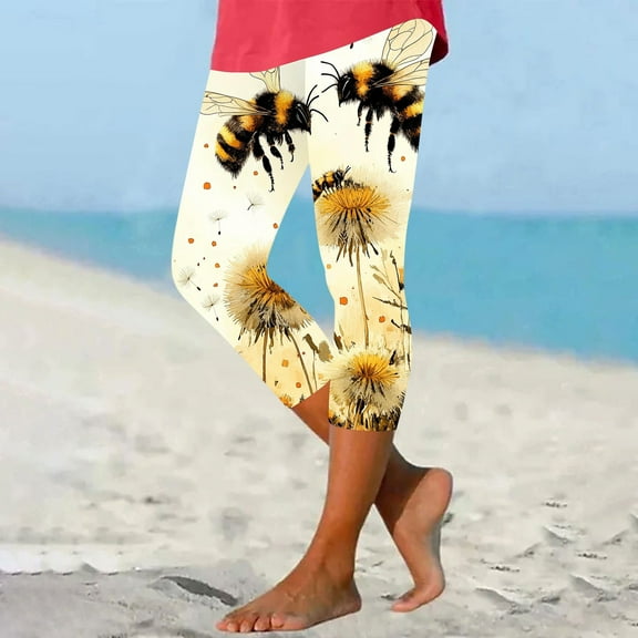 Pxkloy Capri Leggings for Women Summer Casual Dressy Cropped High Waist Yoga Pants Cute Bee Printed Tummy Control Workout Pants Compression Leggings Multicolor,XXXL