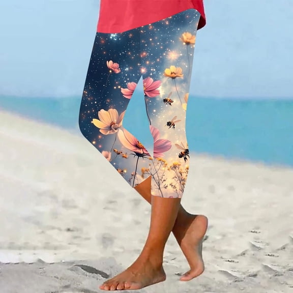 Pxkloy Capri Leggings for Women Tummy Control Cute Bee Printed Leggings Elastic High Waisted Yoga Pants Workout Cycling Leggings Multicolor,L