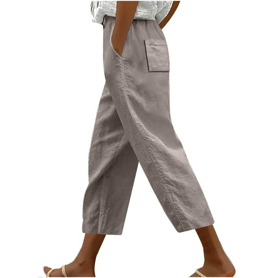 Pxkloy Capri Pants for Women,Lightweight Women Cotton Crop Capris Solid Color High Rise Casual Linen Dressy Capri Pants for Women Loose Fit Gray