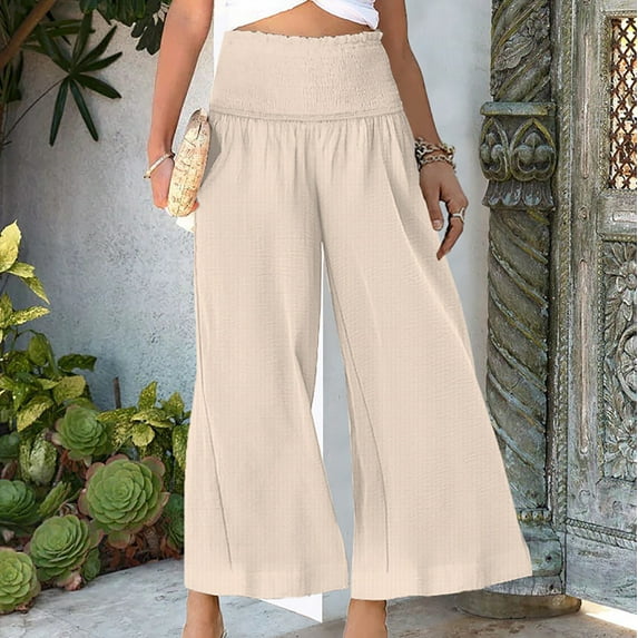 Pxkloy Capris Linen Pants for Women 2024 Women's Linen Wide Leg Capri Pants Beach High Waisted Drawstring Casual Loose Capris Pants with Pockets Beige,XXL