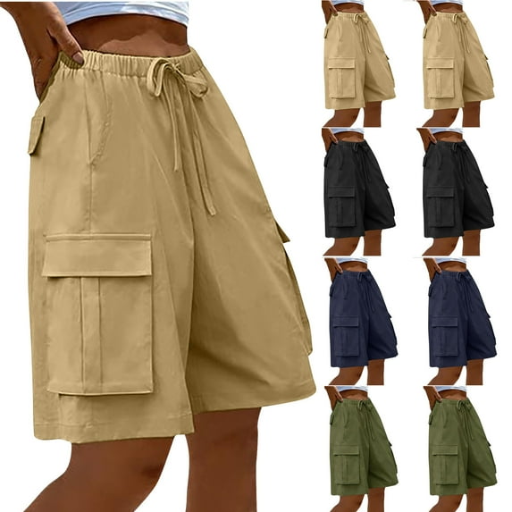 Pxkloy Cargo Shorts for Women High Waisted Drawstring Straight Leg Short Pants Summer Casual Going Out Shorts with Pockets Khaki,M
