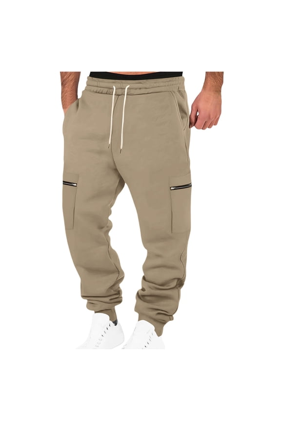 Cargo Sweatpants for Men Cinched Bottom Casual Trendy Joggers Pants Drawstring Elastic Waist Pants Running Fitness Zip Pockets Trousers Khaki,S