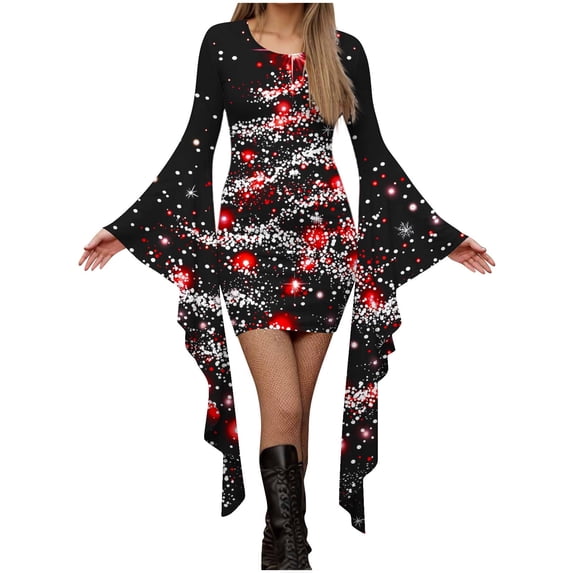 Pxkloy Casual Christmas Dress for Women Bell Sleeve Round Neck Dress Xmas Tree Print Midi Dresses Bodycon Slim Fit Party Dress 2025 Red,S
