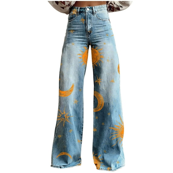 Pxkloy Casual Denim Pants for Women Vintage Floral Print Wide Leg Denim Pants Button Zipper Pocket Full Length Pant Gold,XL