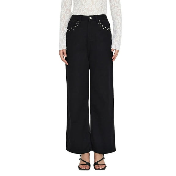 Pxkloy Casual Relaxed Fit High Waisted Butt Lifting Flared Wide Leg Denim Jeans for Women Multi-Pocket Long Pants Black,XS