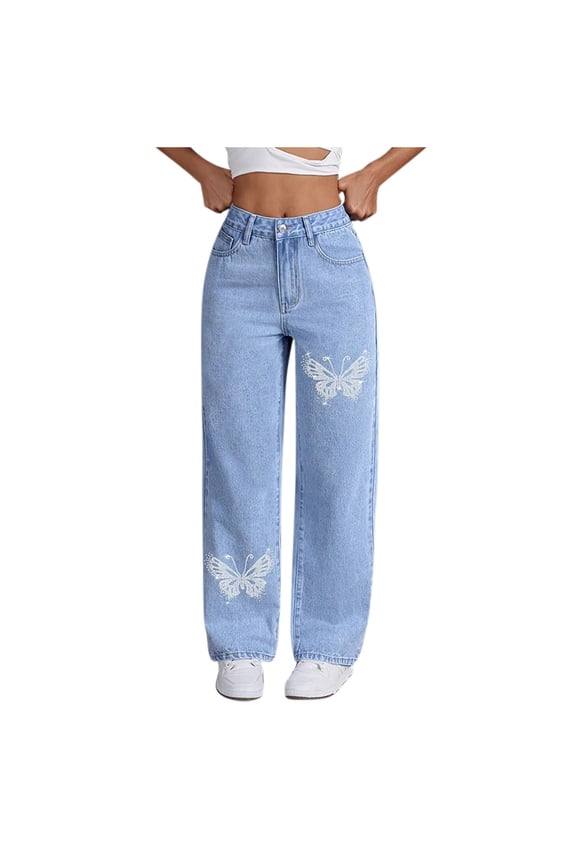 Casual Relaxed Fit High Waisted Butt Lifting Vintage Straight Leg Denim Jeans for Women Multi-Pocket Printed Pants Light Blue,S