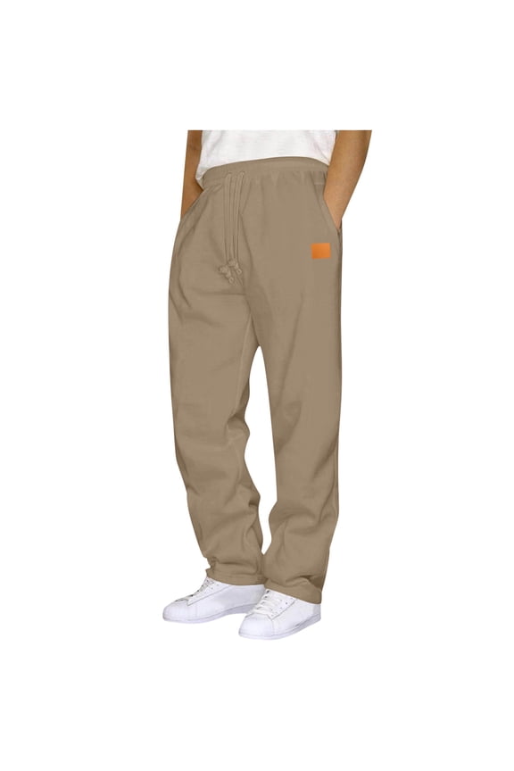 Casual Sweatpants for Men Leather Label Straight Leg Sweatpants Elastic Waist Drawstring Plain Soft Pants Athletic Workout Pants 2025 Khaki,XXXL