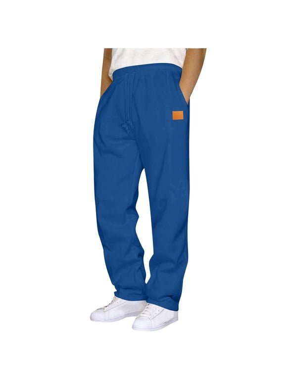 Casual Sweatpants for Men Leather Label Straight Leg Sweatpants Elastic Waist Drawstring Plain Soft Pants Athletic Workout Pants 2025 Blue,M