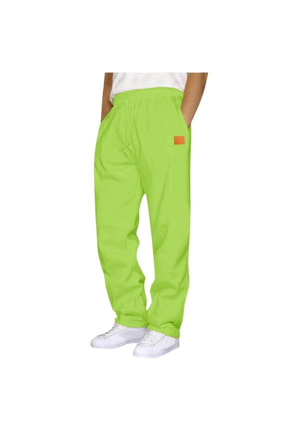 Casual Sweatpants for Men Leather Label Straight Leg Sweatpants Elastic Waist Drawstring Plain Soft Pants Athletic Workout Pants 2025 Green,L