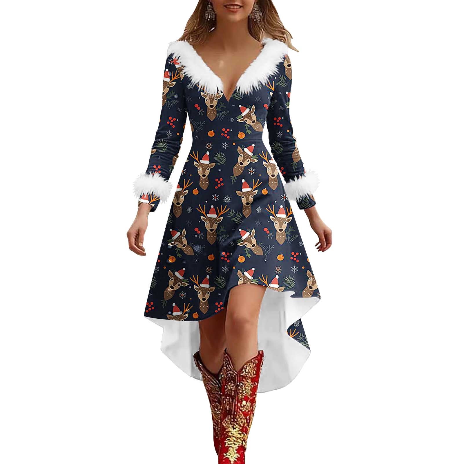 Pxkloy Christmas Festive Dresses for Women Western Fuzzy High Low Dress V  Neck Long Sleeve Casual Dresses Reindeer Print Fall Winter Outfits  Black,XXL - Walmart.com