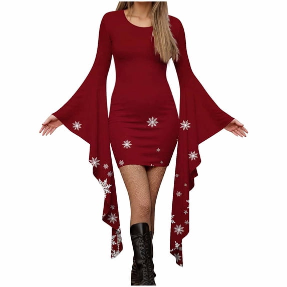 Pxkloy Christmas Dresses for Women 2025 Trendy Bell Sleeve Crew Neck Dress Slim Fit Bodycon Gothic Dress Xmas Print Casual Winter Outfits Wine,S