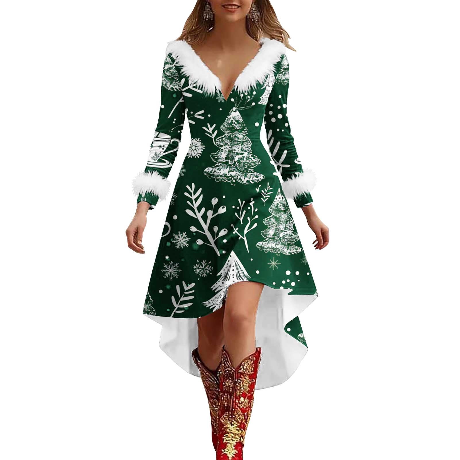 Pxkloy Christmas Long Dresses for Women 2025 Western Fuzzy High Low Dress V  Neck Long Sleeve Dresses Xmas Tree Print Fall Winter Outfits Green,XXXL